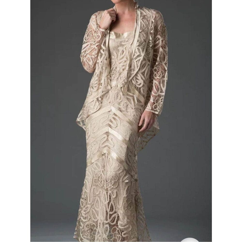 Soulmates Champagne Silk Lace Two-Piece Embroidered Evening Gown with Jacket L